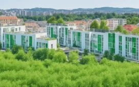 Ein helles, sonnendurchflutetes Außenaufnahme-Panorama eines modernen, modular gestalteten Rechenzentrums in einer urbanen Umgebung, mit klaren Linien, natürlichem Grün im Vordergrund und warmem Tageslicht, das die nachhaltige, zukunftsweisende Technologie und innovative Architektur friedlich und einladend inszeniert.