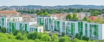 Ein helles, sonnendurchflutetes Außenaufnahme-Panorama eines modernen, modular gestalteten Rechenzentrums in einer urbanen Umgebung, mit klaren Linien, natürlichem Grün im Vordergrund und warmem Tageslicht, das die nachhaltige, zukunftsweisende Technologie und innovative Architektur friedlich und einladend inszeniert.