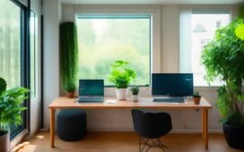 Ein strahlend helles, natürlich beleuchtetes Büro mit einem konzentrierten Entwickler, der lächelnd vor einem modernen Laptop sitzt, während im Hintergrund warme Holztöne, Pflanzen und große Fenster eine einladende Atmosphäre für kreative Zusammenarbeit und zukunftsweisende KI-gestützte Webentwicklung schaffen.