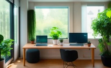 Ein strahlend helles, natürlich beleuchtetes Büro mit einem konzentrierten Entwickler, der lächelnd vor einem modernen Laptop sitzt, während im Hintergrund warme Holztöne, Pflanzen und große Fenster eine einladende Atmosphäre für kreative Zusammenarbeit und zukunftsweisende KI-gestützte Webentwicklung schaffen.