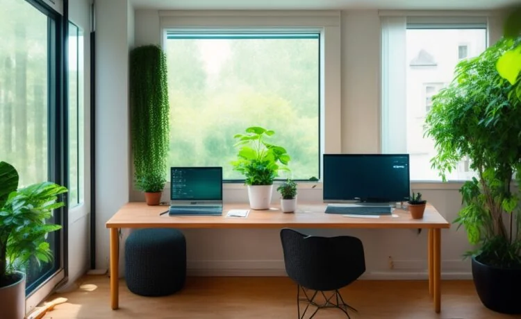 Ein strahlend helles, natürlich beleuchtetes Büro mit einem konzentrierten Entwickler, der lächelnd vor einem modernen Laptop sitzt, während im Hintergrund warme Holztöne, Pflanzen und große Fenster eine einladende Atmosphäre für kreative Zusammenarbeit und zukunftsweisende KI-gestützte Webentwicklung schaffen.