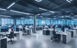 Ein hell erleuchtetes modernes Büro mit entspannten Tech-Professionals, die in einem freundlichen, sonnendurchfluteten Raum gemeinsam an Laptops und Tablets über innovative Technologien und digitale Zukunftstrends diskutieren, während warme Holztöne und lebendige Pflanzen eine einladende, inspirierende Atmosphäre schaffen.
