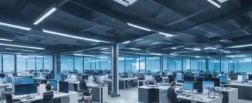 Ein hell erleuchtetes modernes Büro mit entspannten Tech-Professionals, die in einem freundlichen, sonnendurchfluteten Raum gemeinsam an Laptops und Tablets über innovative Technologien und digitale Zukunftstrends diskutieren, während warme Holztöne und lebendige Pflanzen eine einladende, inspirierende Atmosphäre schaffen.