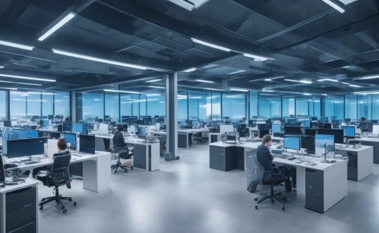 Ein hell erleuchtetes modernes Büro mit entspannten Tech-Professionals, die in einem freundlichen, sonnendurchfluteten Raum gemeinsam an Laptops und Tablets über innovative Technologien und digitale Zukunftstrends diskutieren, während warme Holztöne und lebendige Pflanzen eine einladende, inspirierende Atmosphäre schaffen.