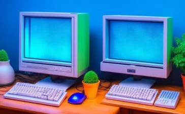 Ein warm erleuchteter moderner Schreibtisch mit einem klassischen CRT-Monitor, auf dem das legendäre Startmenü von Windows 95 in sanftem Tageslicht erstrahlt, umgeben von nostalgischen Computer-Accessoires und einer freundlichen, einladenden Arbeitsatmosphäre, die den technischen Meilenstein und seine menschliche Bedeutung lebendig werden lässt.