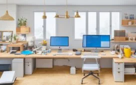 Ein sonnendurchflutetes, modernes Büro mit klar strukturierten Schreibtischen und offen angeordneten Design-Tools, wo konzentrierte Kreative mit warmem Lächeln am Laptop arbeiten und dabei harmonisch in symmetrischen Achsen angeordnete Bildschirme und Notizbücher die visuelle Ordnung des Raums unterstreichen.