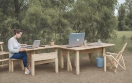 Eine helle, nahaufgenommene Aufnahme einer entspannten Frau mittleren Alters, die an einem sonnendurchfluteten Holztisch mit Laptop und Smartphone sitzt, dabei aufmerksam auf den Bildschirm blickt und mit warmem Lächeln und sorgsamer Haltung die Sicherheit ihrer Online-Banking-Daten prüft – natürliche Tageslichtstimmung mit weichen Schattierungen, realistische Details eines modernen, wohnlichen Arbeitsbereichs im Hintergrund.