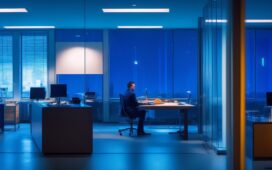 In einem hell erleuchteten, modernen Büro sitzt eine nachdenkliche Person vor mehreren Bildschirmen, auf denen komplexe Daten und digitale Schnittstellen zu sehen sind, während warmes Tageslicht durch große Fenster fällt und eine Atmosphäre von fortschrittlicher Technologie und menschlicher Verantwortung schafft.