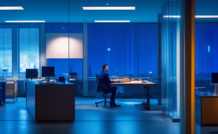 In einem hell erleuchteten, modernen Büro sitzt eine nachdenkliche Person vor mehreren Bildschirmen, auf denen komplexe Daten und digitale Schnittstellen zu sehen sind, während warmes Tageslicht durch große Fenster fällt und eine Atmosphäre von fortschrittlicher Technologie und menschlicher Verantwortung schafft.