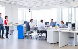 Ein sonnendurchflutetes modernes Büro zeigt konzentrierte Fachleute in lebendiger Teamarbeit vor großen Bildschirmen mit komplexen Diagrammen, die gemeinsam fokussiert an innovativen KI-Projekten feilen – eine warme, realistische Momentaufnahme technischer Dynamik und menschlicher Kooperation in einem hellen, klar strukturierten Umfeld.