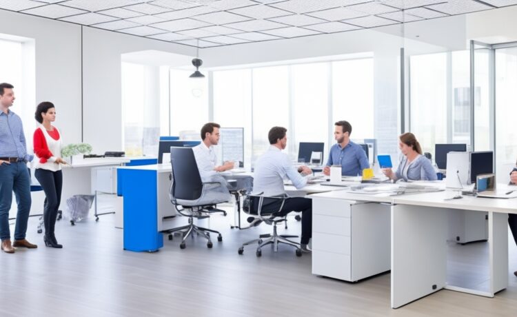 Ein sonnendurchflutetes modernes Büro zeigt konzentrierte Fachleute in lebendiger Teamarbeit vor großen Bildschirmen mit komplexen Diagrammen, die gemeinsam fokussiert an innovativen KI-Projekten feilen – eine warme, realistische Momentaufnahme technischer Dynamik und menschlicher Kooperation in einem hellen, klar strukturierten Umfeld.