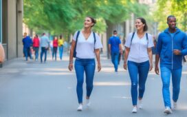 Eine lebendige, sonnenbeschienene Straßenszene mit einer entspannten jungen Person, die gelassen die weißen AirPods trägt und aufmerksam einem Gespräch lauscht, während im Hintergrund verschwommen multikulturelle Stadtbewohner in freundlicher Kommunikation zu sehen sind – eingefangen in warmem, natürlichem Licht mit feinsten Details und einem harmonisch hellen, einladenden Farbton.