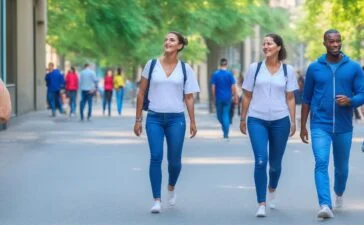 Eine lebendige, sonnenbeschienene Straßenszene mit einer entspannten jungen Person, die gelassen die weißen AirPods trägt und aufmerksam einem Gespräch lauscht, während im Hintergrund verschwommen multikulturelle Stadtbewohner in freundlicher Kommunikation zu sehen sind – eingefangen in warmem, natürlichem Licht mit feinsten Details und einem harmonisch hellen, einladenden Farbton.