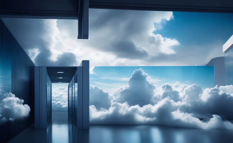 Ein hell ausgeleuchteter moderner Büroarbeitsplatz mit mehreren Bildschirmen, auf denen vernetzte Cloud- und Virtualisierungsarchitekturen sichtbar sind, umgeben von motivierten Fachleuten in entspannter, kollegialer Atmosphäre, die gemeinsam neue IT-Lösungen für hybride Cloud-Infrastrukturen diskutieren.