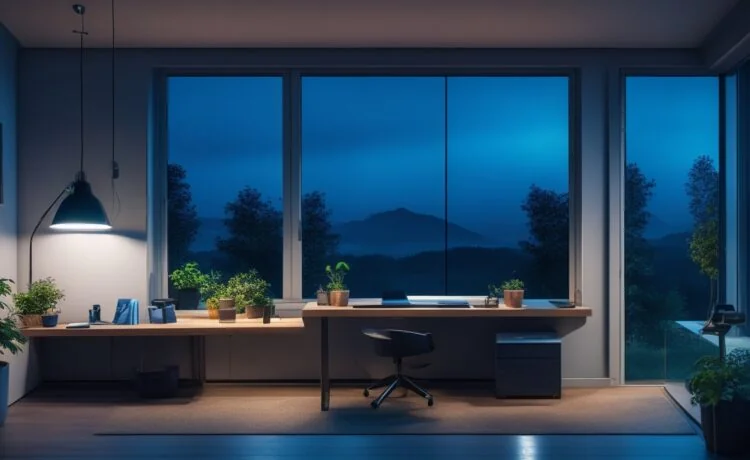 Ein hell erleuchtetes, modern eingerichtetes Home-Office mit einem entspannten Menschen, der gerade sein Android-Smartphone entsperrt, während sanftes Tageslicht durch ein großes Fenster fällt und eine warme, einladende Atmosphäre voller Fokus auf Sicherheit und digitale Kontrolle schafft.