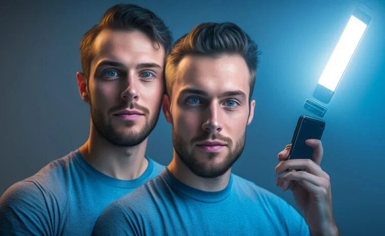 Ein strahlendes, warm ausgeleuchtetes Porträt einer sorglosen Person mittleren Alters, die am hellem Küchentisch konzentriert und selbstbewusst ihr Smartphone prüft, umgeben von einem freundlichen, modernen Wohnambiente, das Sicherheit und achtsames Verhalten im Alltag symbolisiert.