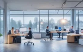 Ein lichtdurchflutetes, modernes Büro mit freundlichen Gesichtern eines diversen Teams, das konzentriert an Laptops und Tablets mit datenbasierten Visualisierungen arbeitet, während warme Sonnenstrahlen durch große Fenster strömen und eine Atmosphäre von Innovation, Vertrauen und zukunftsorientierter KI-Technologie schaffen.