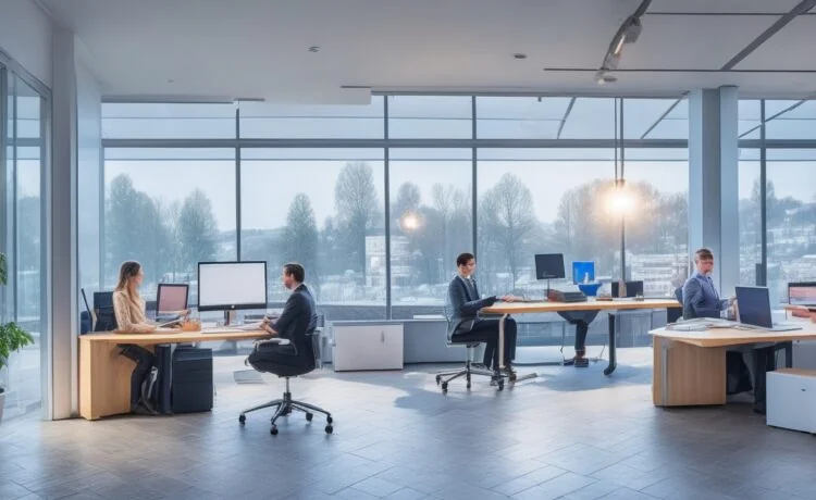 Ein lichtdurchflutetes, modernes Büro mit freundlichen Gesichtern eines diversen Teams, das konzentriert an Laptops und Tablets mit datenbasierten Visualisierungen arbeitet, während warme Sonnenstrahlen durch große Fenster strömen und eine Atmosphäre von Innovation, Vertrauen und zukunftsorientierter KI-Technologie schaffen.