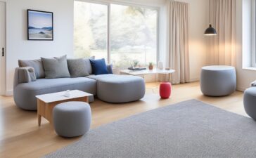 Ein helles, einladendes Wohnzimmer mit sanft durchflutendem Tageslicht, in dem moderne Apple-Smart-Home-Geräte wie HomePod mini und iPad harmonisch in den Alltag eingebunden sind, während eine lächelnde Person entspannt auf dem Sofa sitzt und per Stimme intelligente Beleuchtung und Unterhaltungssystem steuert – eine warme, realistische Szene, die die innovative Verbindung von Technologie und behaglichem Zuhause lebendig einfängt.