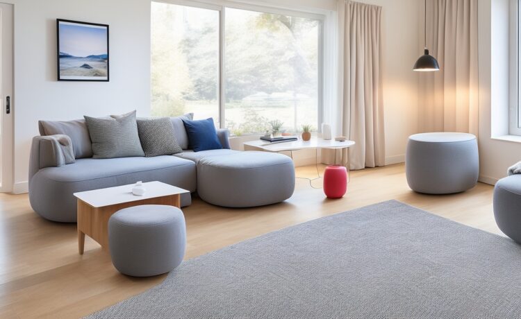 Ein helles, einladendes Wohnzimmer mit sanft durchflutendem Tageslicht, in dem moderne Apple-Smart-Home-Geräte wie HomePod mini und iPad harmonisch in den Alltag eingebunden sind, während eine lächelnde Person entspannt auf dem Sofa sitzt und per Stimme intelligente Beleuchtung und Unterhaltungssystem steuert – eine warme, realistische Szene, die die innovative Verbindung von Technologie und behaglichem Zuhause lebendig einfängt.