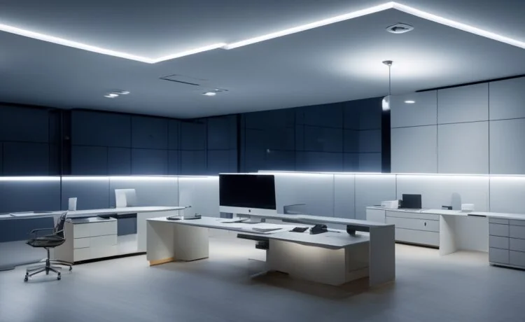 Ein hell erleuchtetes modernes Büro mit einem stilvollen Apple-Device im Vordergrund, umgeben von warmem Tageslicht und subtilen technischen Details, die die fortschrittliche, datenschutzorientierte KI-Strategie des Unternehmens atmosphärisch und einladend visualisieren.