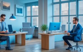 In einem modernen, lichtdurchfluteten Büro mit großen Fenstern arbeitet ein konzentrierter Mann in smartem Casual-Outfit an einem eleganten Laptop, umgeben von minimalistischen Tech-Gadgets und warmem Holz, während die Nachmittagssonne eine einladende Atmosphäre schafft und die Zukunft innovativer KI-Investitionen widerspiegelt.