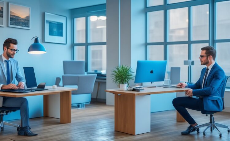 In einem modernen, lichtdurchfluteten Büro mit großen Fenstern arbeitet ein konzentrierter Mann in smartem Casual-Outfit an einem eleganten Laptop, umgeben von minimalistischen Tech-Gadgets und warmem Holz, während die Nachmittagssonne eine einladende Atmosphäre schafft und die Zukunft innovativer KI-Investitionen widerspiegelt.