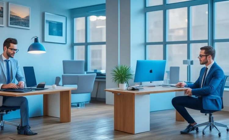 In einem modernen, lichtdurchfluteten Büro mit großen Fenstern arbeitet ein konzentrierter Mann in smartem Casual-Outfit an einem eleganten Laptop, umgeben von minimalistischen Tech-Gadgets und warmem Holz, während die Nachmittagssonne eine einladende Atmosphäre schafft und die Zukunft innovativer KI-Investitionen widerspiegelt.