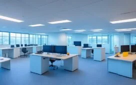 Ein hell erleuchtetes, modernes Büro mit entspannt lächelnden Mitarbeitenden unterschiedlichen Alters, die konzentriert an Computern arbeiten und in angeregten Gesprächen die Chancen und Herausforderungen von Künstlicher Intelligenz am Arbeitsplatz diskutieren – warmes Tageslicht durch große Fenster unterstreicht eine zuversichtliche, menschlich-vernetzte Arbeitsatmosphäre.