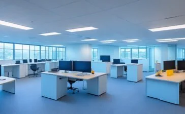 Ein hell erleuchtetes, modernes Büro mit entspannt lächelnden Mitarbeitenden unterschiedlichen Alters, die konzentriert an Computern arbeiten und in angeregten Gesprächen die Chancen und Herausforderungen von Künstlicher Intelligenz am Arbeitsplatz diskutieren – warmes Tageslicht durch große Fenster unterstreicht eine zuversichtliche, menschlich-vernetzte Arbeitsatmosphäre.