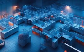 In einem hell erleuchteten, modernen Büro mit warmen Holzakzenten skizziert ein freundlicher Entwickler mit konzentriertem Lächeln an einem großen Bildschirm eine schematische, sechseckige Struktur aus modularen Komponenten, die organisch die Zukunft der Webentwicklung verkörpert.