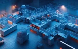 In einem hell erleuchteten, modernen Büro mit warmen Holzakzenten skizziert ein freundlicher Entwickler mit konzentriertem Lächeln an einem großen Bildschirm eine schematische, sechseckige Struktur aus modularen Komponenten, die organisch die Zukunft der Webentwicklung verkörpert.
