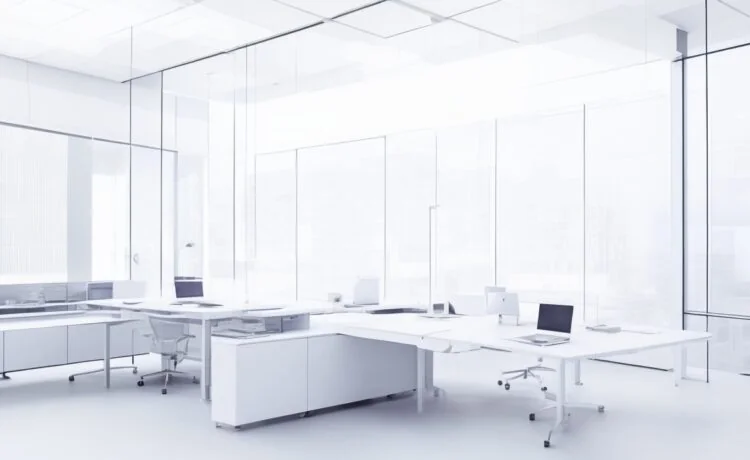 In einem modernen, hell erleuchteten Büro arbeiten mehrere Entwickler entspannt an ihren Laptops, während ein großes, transparentes Whiteboard im Hintergrund komplexe Architekturdiagramme mit modularen Bausteinen zeigt – das Bild strahlt kreative Konzentration, Zusammenarbeit und die warmen Sonnenstrahlen des Vormittags aus.