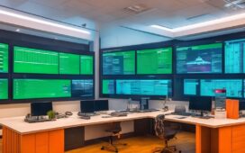 In einem hell erleuchteten, modernen Büro sitzt eine lächelnde IT-Expertin entspannt vor zwei großen Bildschirmen mit offenem NGINX-Dashboard und Zertifikatsverwaltungs-Tools; das natürliche Sonnenlicht durchflutet den Raum, während warme Holztöne und Pflanzen für eine freundliche, einladende Atmosphäre sorgen und die Sicherheit und Automatisierung digitaler Infrastruktur symbolisieren.
