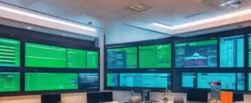 In einem hell erleuchteten, modernen Büro sitzt eine lächelnde IT-Expertin entspannt vor zwei großen Bildschirmen mit offenem NGINX-Dashboard und Zertifikatsverwaltungs-Tools; das natürliche Sonnenlicht durchflutet den Raum, während warme Holztöne und Pflanzen für eine freundliche, einladende Atmosphäre sorgen und die Sicherheit und Automatisierung digitaler Infrastruktur symbolisieren.