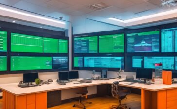 In einem hell erleuchteten, modernen Büro sitzt eine lächelnde IT-Expertin entspannt vor zwei großen Bildschirmen mit offenem NGINX-Dashboard und Zertifikatsverwaltungs-Tools; das natürliche Sonnenlicht durchflutet den Raum, während warme Holztöne und Pflanzen für eine freundliche, einladende Atmosphäre sorgen und die Sicherheit und Automatisierung digitaler Infrastruktur symbolisieren.