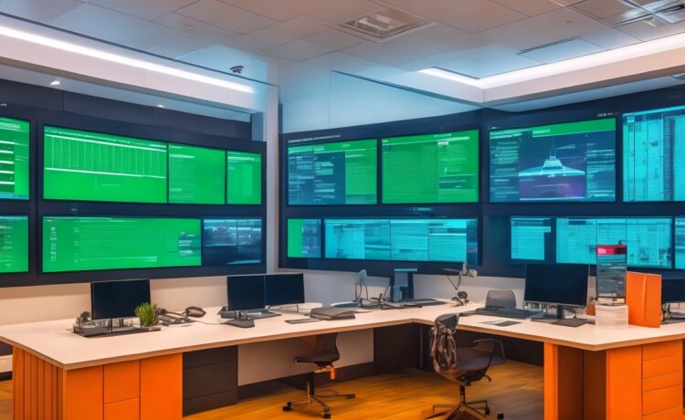 In einem hell erleuchteten, modernen Büro sitzt eine lächelnde IT-Expertin entspannt vor zwei großen Bildschirmen mit offenem NGINX-Dashboard und Zertifikatsverwaltungs-Tools; das natürliche Sonnenlicht durchflutet den Raum, während warme Holztöne und Pflanzen für eine freundliche, einladende Atmosphäre sorgen und die Sicherheit und Automatisierung digitaler Infrastruktur symbolisieren.