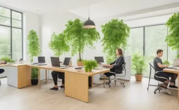 Eine helle, einladende Szene in einem modernen Büro, in dem junge Auszubildende mit entspanntem Lächeln an Laptops arbeiten und dabei die unterstützende Präsenz eines erfahrenen Mentors spürbar ist, während warmes Tageslicht durch große Fenster fällt und eine Atmosphäre von Aufbruch, Zusammenarbeit und Innovationsfreude in der Welt der KI-gestützten Softwareentwicklung schafft.