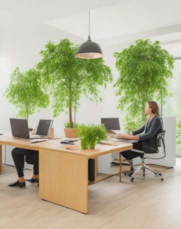 Eine helle, einladende Szene in einem modernen Büro, in dem junge Auszubildende mit entspanntem Lächeln an Laptops arbeiten und dabei die unterstützende Präsenz eines erfahrenen Mentors spürbar ist, während warmes Tageslicht durch große Fenster fällt und eine Atmosphäre von Aufbruch, Zusammenarbeit und Innovationsfreude in der Welt der KI-gestützten Softwareentwicklung schafft.