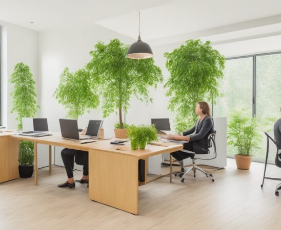 Eine helle, einladende Szene in einem modernen Büro, in dem junge Auszubildende mit entspanntem Lächeln an Laptops arbeiten und dabei die unterstützende Präsenz eines erfahrenen Mentors spürbar ist, während warmes Tageslicht durch große Fenster fällt und eine Atmosphäre von Aufbruch, Zusammenarbeit und Innovationsfreude in der Welt der KI-gestützten Softwareentwicklung schafft.