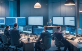 Ein hell erleuchteter, moderner Bankarbeitsplatz mit einem konzentrierten Team aus Mitarbeitenden, die gemeinsam an Bildschirmen mit komplexen Daten und Sicherheitsanalysen arbeiten, in warmer Tageslichtatmosphäre, die Vertrauen und technische Kompetenz ausstrahlt.