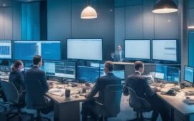 Ein hell erleuchteter, moderner Bankarbeitsplatz mit einem konzentrierten Team aus Mitarbeitenden, die gemeinsam an Bildschirmen mit komplexen Daten und Sicherheitsanalysen arbeiten, in warmer Tageslichtatmosphäre, die Vertrauen und technische Kompetenz ausstrahlt.