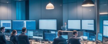 Ein hell erleuchteter, moderner Bankarbeitsplatz mit einem konzentrierten Team aus Mitarbeitenden, die gemeinsam an Bildschirmen mit komplexen Daten und Sicherheitsanalysen arbeiten, in warmer Tageslichtatmosphäre, die Vertrauen und technische Kompetenz ausstrahlt.
