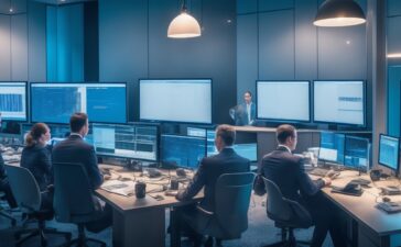 Ein hell erleuchteter, moderner Bankarbeitsplatz mit einem konzentrierten Team aus Mitarbeitenden, die gemeinsam an Bildschirmen mit komplexen Daten und Sicherheitsanalysen arbeiten, in warmer Tageslichtatmosphäre, die Vertrauen und technische Kompetenz ausstrahlt.