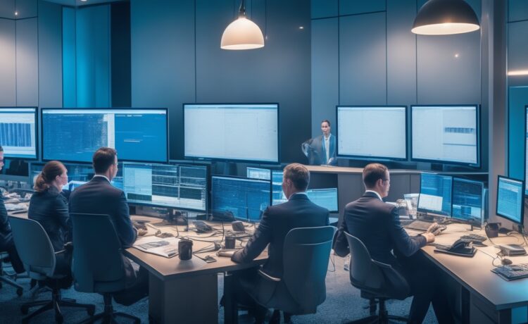 Ein hell erleuchteter, moderner Bankarbeitsplatz mit einem konzentrierten Team aus Mitarbeitenden, die gemeinsam an Bildschirmen mit komplexen Daten und Sicherheitsanalysen arbeiten, in warmer Tageslichtatmosphäre, die Vertrauen und technische Kompetenz ausstrahlt.