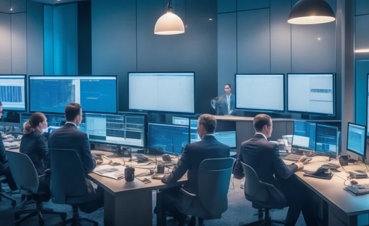 Ein hell erleuchteter, moderner Bankarbeitsplatz mit einem konzentrierten Team aus Mitarbeitenden, die gemeinsam an Bildschirmen mit komplexen Daten und Sicherheitsanalysen arbeiten, in warmer Tageslichtatmosphäre, die Vertrauen und technische Kompetenz ausstrahlt.