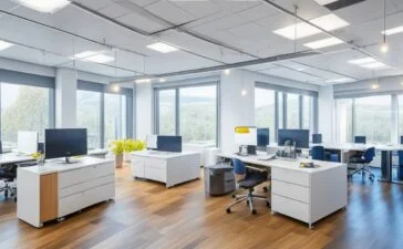 Ein lichtdurchflutetes, modernes Büro mit vielfältigen Berufstätigen in lebendiger Zusammenarbeit, die freundlich lächelnd an Bildschirmen mit KI-gestützten Tools arbeiten – die Atmosphäre strahlt Wärme, Aufbruchsstimmung und den menschlichen Kern der digitalen Arbeitswelt im Wandel aus.