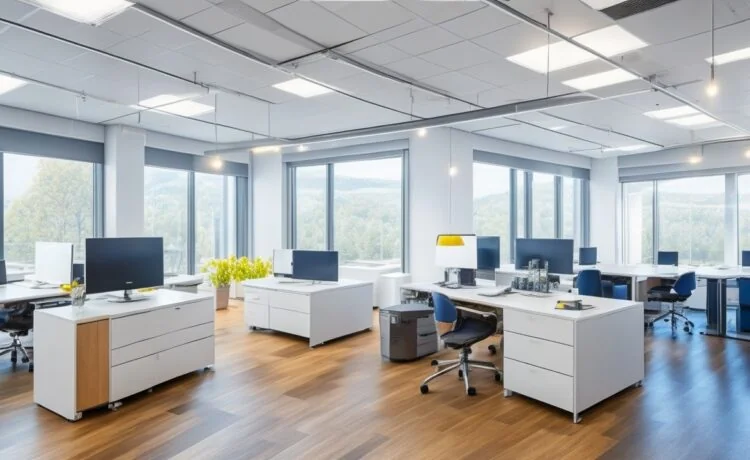 Ein lichtdurchflutetes, modernes Büro mit vielfältigen Berufstätigen in lebendiger Zusammenarbeit, die freundlich lächelnd an Bildschirmen mit KI-gestützten Tools arbeiten – die Atmosphäre strahlt Wärme, Aufbruchsstimmung und den menschlichen Kern der digitalen Arbeitswelt im Wandel aus.