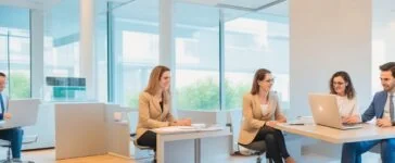 Moderne IT-Profis arbeiten konzentriert und entspannt gemeinsam an Laptops mit offenen Betriebssystemen, umgeben von warmem Tageslicht in einem hellen, freundlichen Büro – Symbol für digitale Unabhängigkeit und Zukunftsgestaltung durch Open Source.