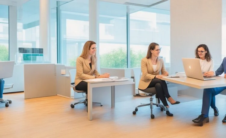 Moderne IT-Profis arbeiten konzentriert und entspannt gemeinsam an Laptops mit offenen Betriebssystemen, umgeben von warmem Tageslicht in einem hellen, freundlichen Büro – Symbol für digitale Unabhängigkeit und Zukunftsgestaltung durch Open Source.